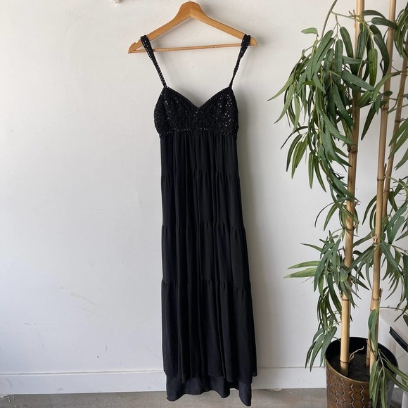 BCBG Dress Womens Small Black Sequin Tiered Boho Grunge Maxi Formal Event Knit - Picture 1 of 11
